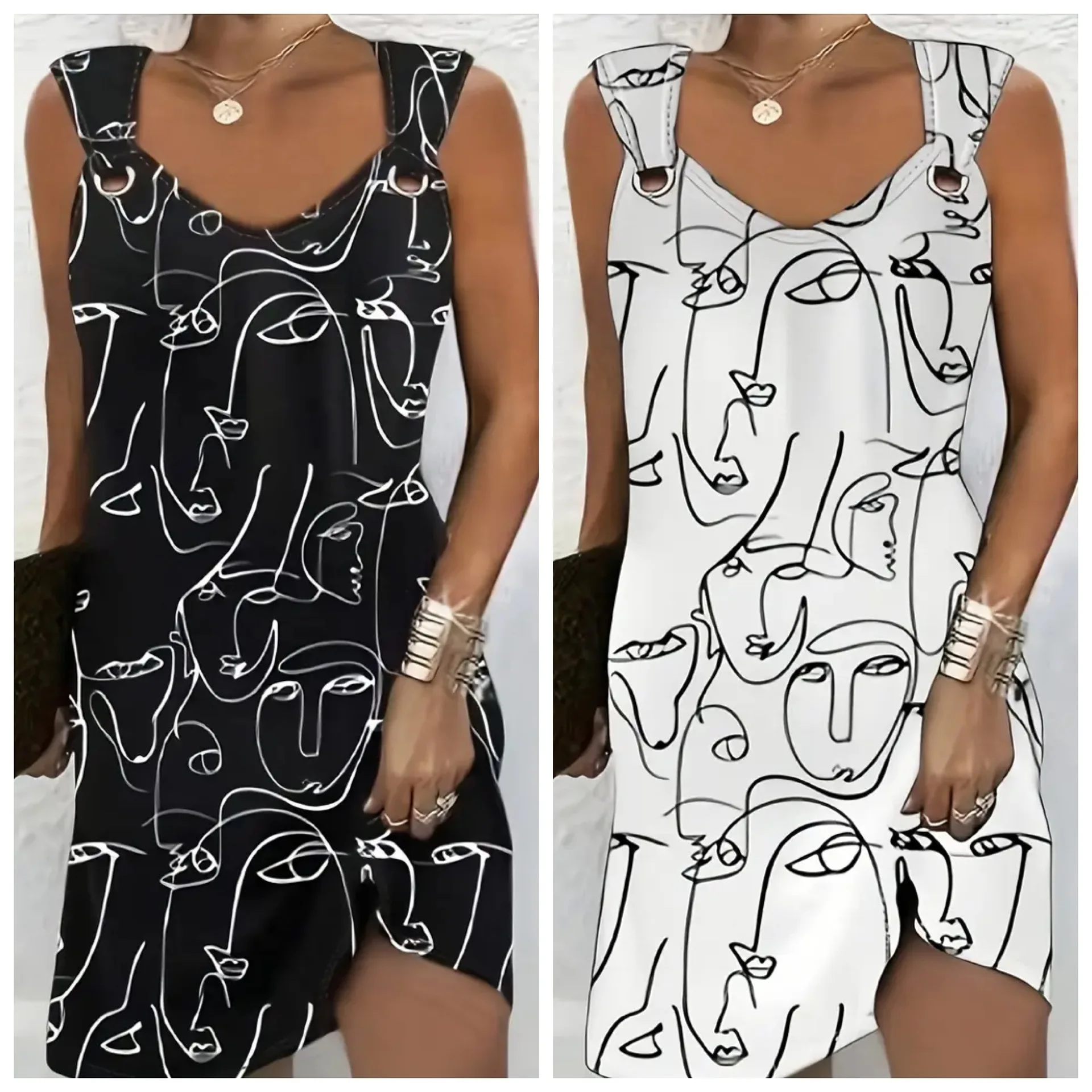 2025 여름 스트리트 패션 프린트 3D 추상 패턴 버튼 디자인 드레스