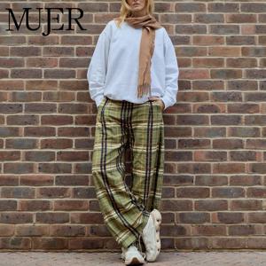 MUJER 여성용 체크 와이드 레그 팬츠 중간 허리 루즈 팬츠 여성 스트리트웨어 캐주얼 여성 팬츠 휴가 빈티지 바지 여성용