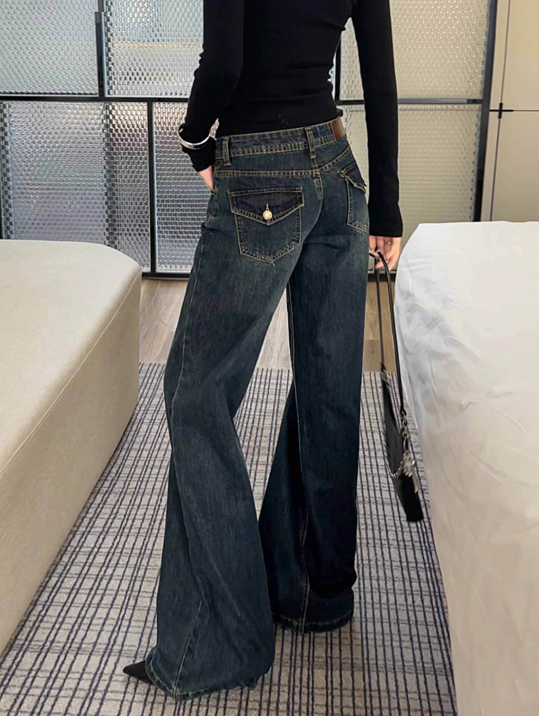 하이웨이스트 와이드 레그 스트레이트 컷 레트로 데님 진 여성 루즈핏 캐주얼 워싱 스타일 플러스 사이즈 편안한 슬리밍