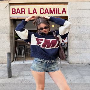 레트로 하라주쿠 스플라이스드 ​ ​ 지퍼 니트 스웨터 새로운 패셔너블 캐주얼 스웨터 남성용 미국 Y2K 레터 자수 의류 여성용