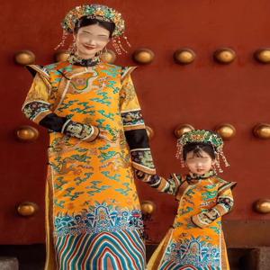 청나라 시대 프린트 로열 의상 여성 전통 국가 스타일 깃발 드레스 사진 촬영 고대 패션 궁정 의상 세트