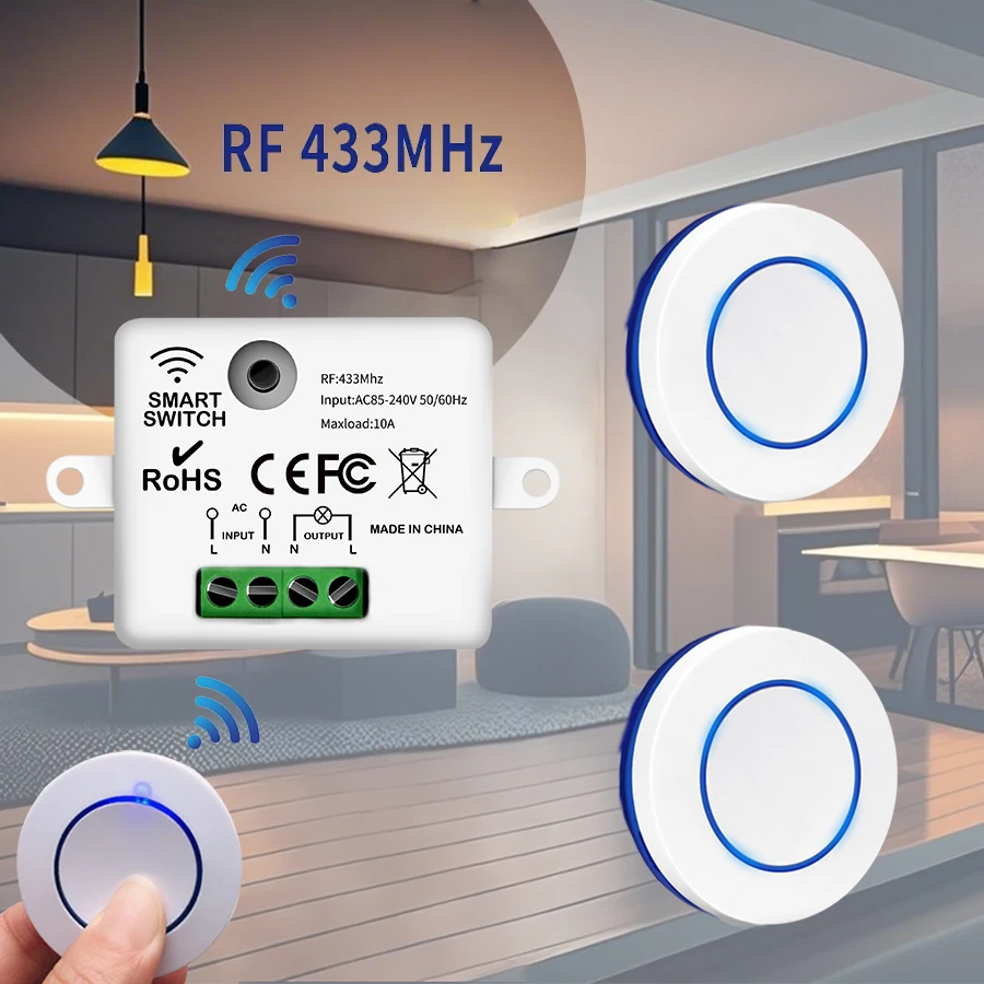 433MHz 무선 조명 스위치 220V 110V 10A 릴레이 원격 제어 스위치 조명 Led에 대 한 미니 라운드 단추 벽 패널 스위치