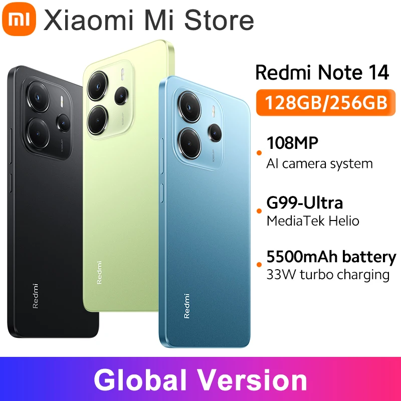 【브랜드+】글로벌 버전 샤오미 레드미 노트 14 미디어텍 헬리오 G99-울트라 108MP AI 5500mAh 6.67인치 AMOLED 120Hz 디스플레이