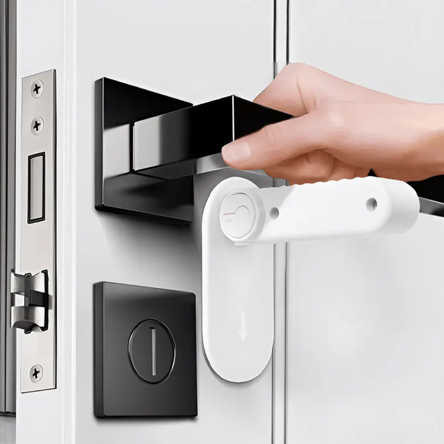 아기 안전 잠금 장치 비 천공 도어 로드 잠금 장치 범용 개방형 핸들 숨겨진 버튼 버클 안전 잠금 장치