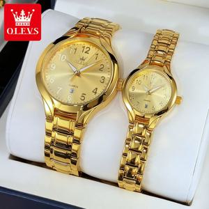 OLEVS 커플 시계 럭셔리 패션 골드 파인 스틸 오리지널 쿼츠 손목시계 방수 발광 날짜 표시 남녀 시계 신제품