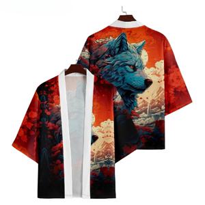 여성 카디건 하오리 여름 해변 유카타 아시아 의류 일본 남성 애니메이션 늑대 프린트 사무라이 기모노 하라주쿠