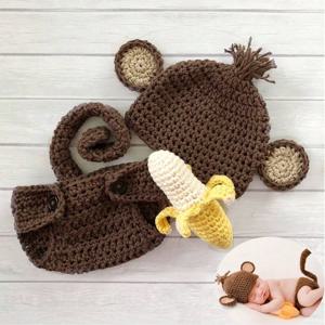 신생아 원숭이 크로셰 의상: 모자, 기저귀 커버 및 바나나 세트 - 아기 사진 소품, 수제 동물 포즈 의상