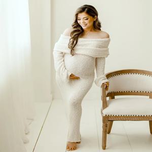 임신 사진 촬영 드레스 긴 소매 니트 오프 숄더 맥시 가운 임신 사진 임산부 드레스 사진 촬영 베이비 샤워