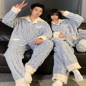 남성용 산호 양털 잠옷 두꺼운 플란넬 홈웨어 세트 커플 디자인 가을 겨울 따뜻한 긴팔 잠옷