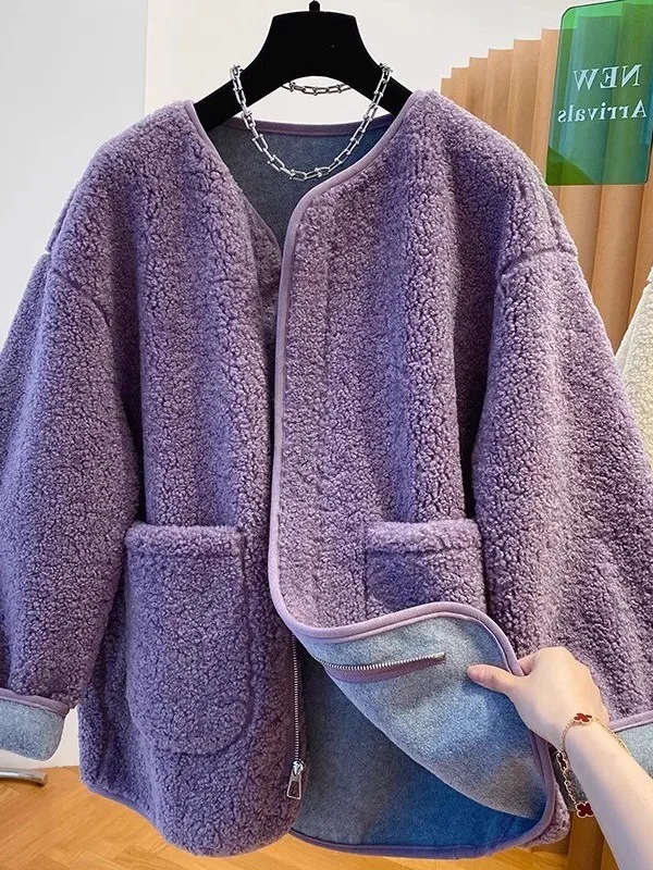 플러스 사이즈 여성용 양털 자켓 두꺼운 부드러운 털 따뜻한 가을 겨울 아우터 한국 스타일 긴팔 지퍼 여밈