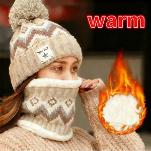2개 세트 겨울 여성용 플러시 벨벳 모자 목 워머 모자 스카프 세트 비니 자전거 방풍 모자 야외 귀 보호