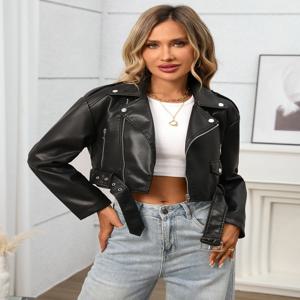여성용 인조 가죽 크롭 재킷 라펠 지퍼 바이커 숏 봄버 모토 코트 벨트 포함