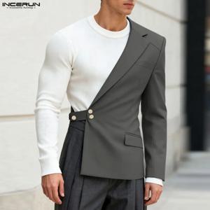 INCERUN 남성용 불규칙 블레이저 솔리드 컬러 라펠 긴 소매 캐주얼 남성 정장 스트리트웨어 루즈한 개성 패션 얇은 코트 남성용