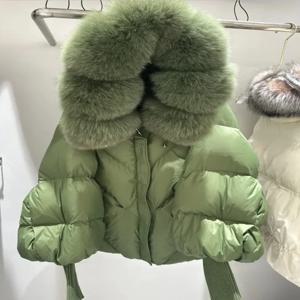 겨울 후드 리얼 퍼 칼라 다운 패딩 재킷 화이트 덕 다운 코트 여성용 따뜻한 퀼팅 랜턴 슬리브 재킷