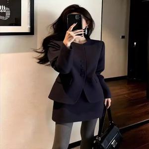 여성용 블랙 울 수트 세트 가을 겨울 신상 캐주얼 스탠다드 핏 숏 코트 스커트 투피스 세트 여성 패션