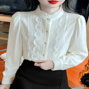 레이스 베이스 셔츠 여성용 봄 가을 겨울 두꺼운 반 하이 칼라 이너웨어 긴 포켓 손수건 텅산 브랜드