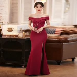 우아한 레드 이브닝 가운, 피쉬테일 원숄더 디자인, 여성 웨딩 호스티스 롱 스커트, 럭셔리 심플 스타일