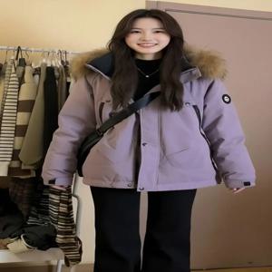 퍼플 파카 다운 코튼 재킷 여성용 두꺼운 따뜻한 후드 큰 퍼 칼라 작업복 짧은 스타일 코튼 손수건