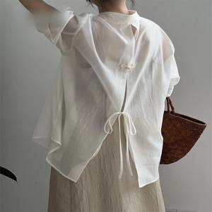 EnC 자외선 차단 셔츠 여성용 비치 신상 중국 스타일 라이트 내셔널 트렌드 화이트 셔츠 얇은 아우터웨어 실크 긴팔