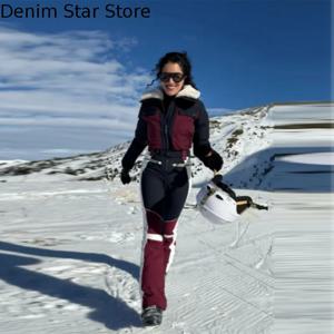 여성용 원피스 스키복 패치워크 퍼 칼라 배색 지퍼 스노우보드 점프수트 벨트 포함 2026 신상 방수 여성 스키웨어