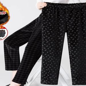 두꺼운 따뜻한 면바지 하이웨이스트 큰 사이즈 여성용 겨울옷 노인용 루즈핏 플리스 안감 바지 포켓 손수건 포함