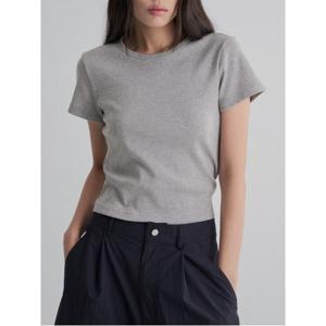 솔리드 반소매 티셔츠 - 그레이 (355742LYE3)