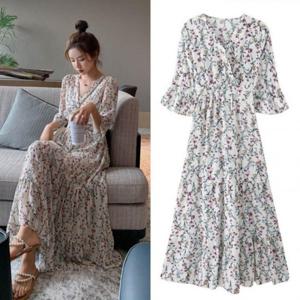 플라워 여성 바캉스 쉬폰 원피스 편한 롱 여름 반팔