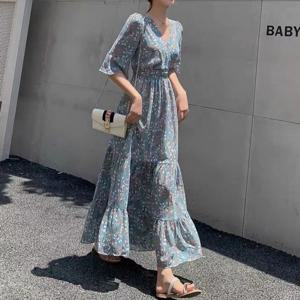 아레니아 여름 원피스 꽃무늬 V넥 롱 엄마 반팔 데일리룩 휴양지 여성 봄 가을 K1876