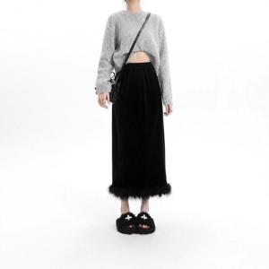 [브리치]  / 블랙 벨벳 트임 롱스커트 가을 여성용 블랙 S