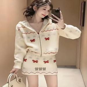 [브리치]  / 여성 겨울 니트 투피스 세트 자카드 상하의 화이트 S 2