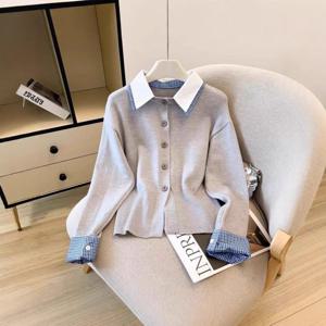 [브리치]  / 여성 니트 가디건 레트로 복고풍 배색 카라넥  애프리콧 S