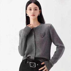 [브리치]  / 여성 가을 양모 니트 가디건 라운드넥 그레이 S