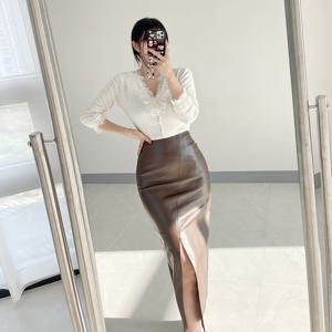[브리치]  / 레더 하이웨스트 H라인 가을 트임 가죽 롱 스커트 3