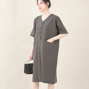 엄마옷 언제나 브이 린넨 오픈 단추 여성 여름 반팔 루즈핏 주머니 롱 원피스 K06504