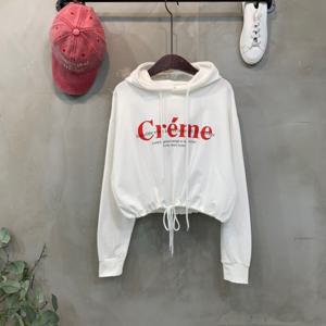 [브리치]  / 크림 레터링 스트링 세미 크롭 긴팔 후드 티셔츠 3color