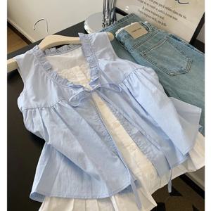 [브리치]  / 셔링 리본 레이어드 레이스 미소매 블라우스 나시 뷔스티에