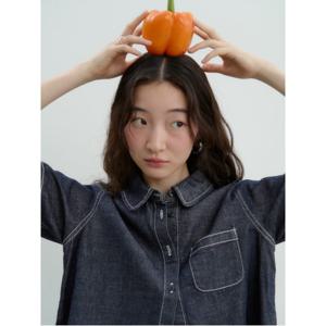 라운드 칼라 데님 반소매 셔츠  네이비 (165865AP2R)