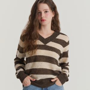 [브리치] 더 소재 / 여성 브이넥 스트라이프 시스루 니트 (SJK25025)