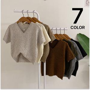 [브리치]  / 이셜 꽈배기 브이넥 세미크롭 반팔 니트/ 7컬러