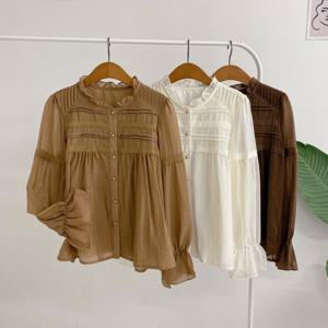 [브리치]  / 레비티 핀턱 프릴 레이스 소매 커프스 블라우스(3color)