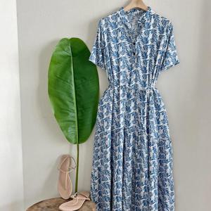 여자 여름 피서 해변룩 비치 리프 패턴 반팔 원피스