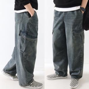 [기모] 신축성 좋은 로크 융털 기모 워싱 와이드 벌룬 카고 밴딩 스판 청바지 파라슈트 데님 팬츠 통큰바지