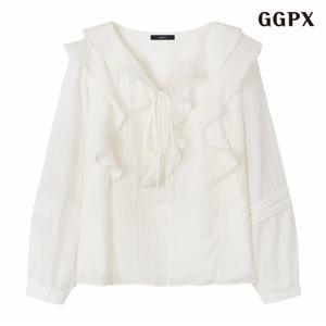 정상가:79,000원 ㅣ 브이넥 끈 프릴 긴팔 블라우스 (GPCBA016D)