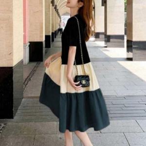 여성 여름 데일리 라운드넥 배색 클래식 A라인 반팔 반팔원피스이쁜원피스 해외여행여름옷