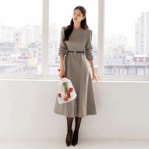 (~XXL까지) 헤몬다 헤링본 벨트 플레어 원피스 겨울 하객룩 오피스룩 모임룩 격식룩 연말룩 빅사이즈