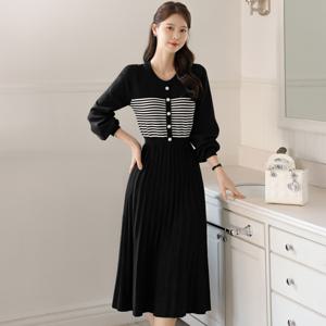 (~XXL까지) 이켄드 스트라이프 배색 니트 원피스 봄 가을 플리츠 하객룩 오피스룩 모임룩 격식룩 빅사이즈