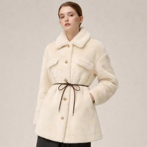 골드버튼 벨티드 FAUX 퍼 코트VHHZY2691