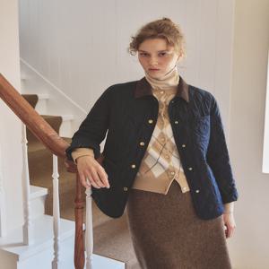 헤지스 여성 [[24FW]] HSJU4DC91N2 [가격인하][퀼팅] 네이비 체크 안감 코듀로이 배색 숏 퀼팅 점