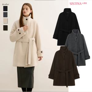 시스티나 여성 알파카 울 하이넥 벨티드 하프 데일리 코트 4I090