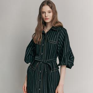 [마쟈] 스트라이프 트위스트소매 벨티드 셔츠원피스